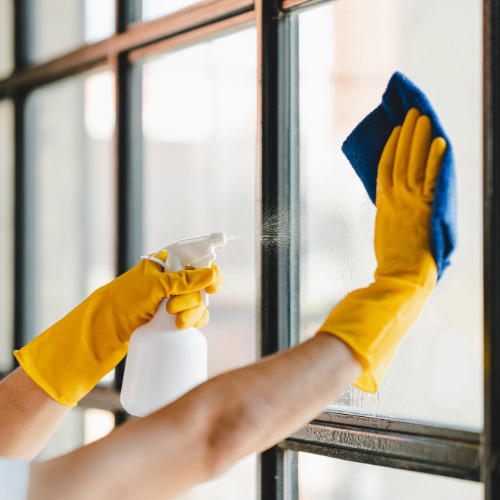 window-cleaning-services Professional cleaner cleaning windows in a home